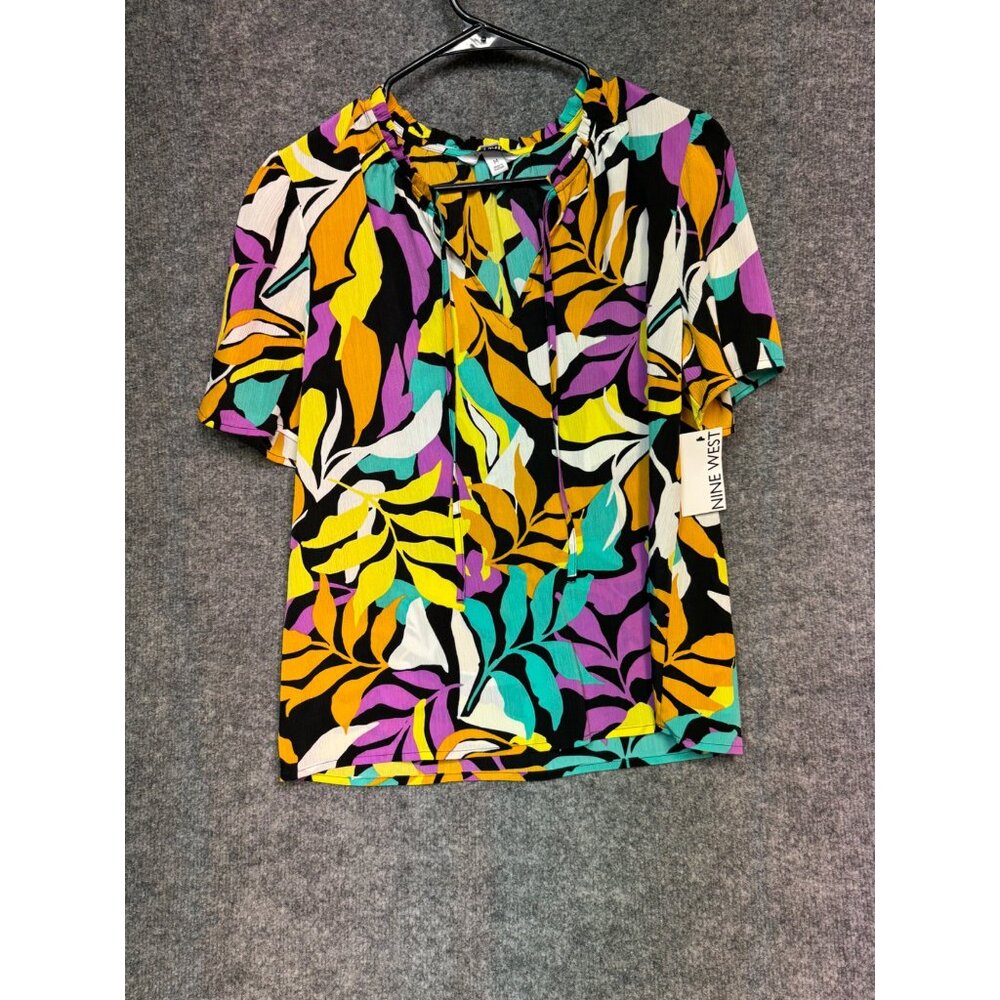 Nine West Top Women’s M Multicolor Abstract Leaf Print Short Sleeve Tie Neck Top